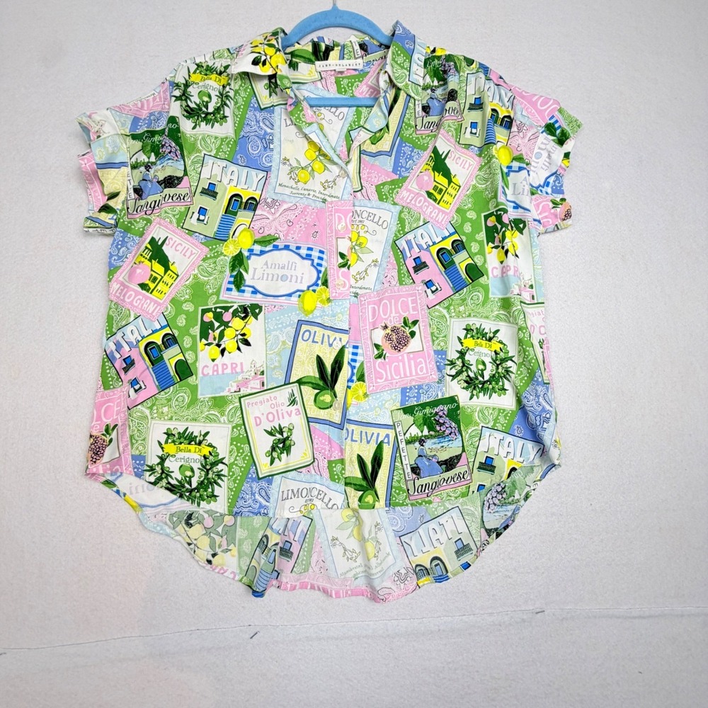 Jane + Delancey Italy Postcard Print Rayon Button Up Shirt Women's S-Small Green